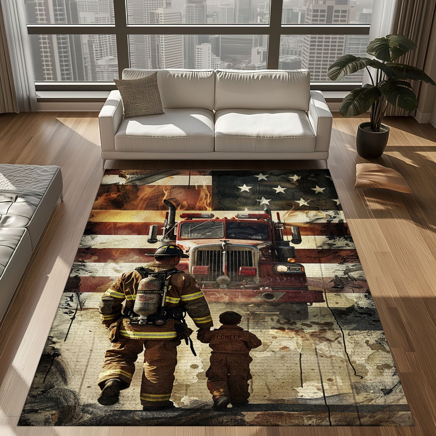 Bold Fire Truck in Front of the USA Flag Area Rug: Show Support for First Responders and Nation, Firefighter Rugs for Living Room Bedroom, Firefighter Rectangular Rugs Full Size FR60