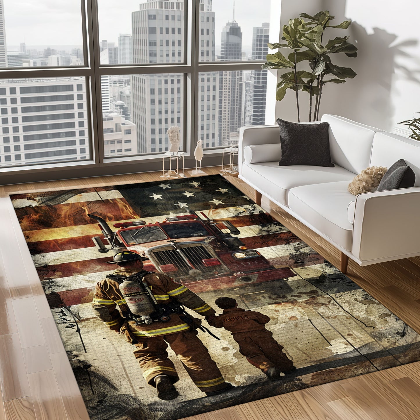 Bold Fire Truck in Front of the USA Flag Area Rug: Show Support for First Responders and Nation, Firefighter Rugs for Living Room Bedroom, Firefighter Rectangular Rugs Full Size FR60