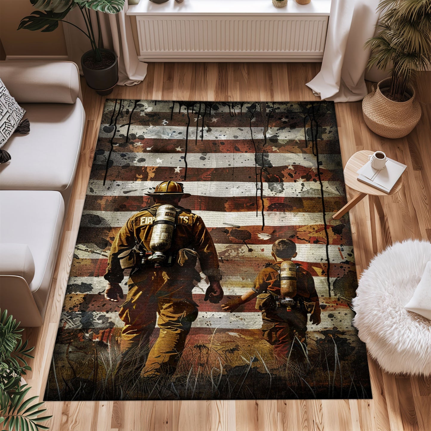 Bold Fire Truck in Front of the USA Flag Area Rug: Show Support for First Responders and Nation, Firefighter Rugs for Living Room Bedroom, Firefighter Rectangular Rugs Full Size FR60