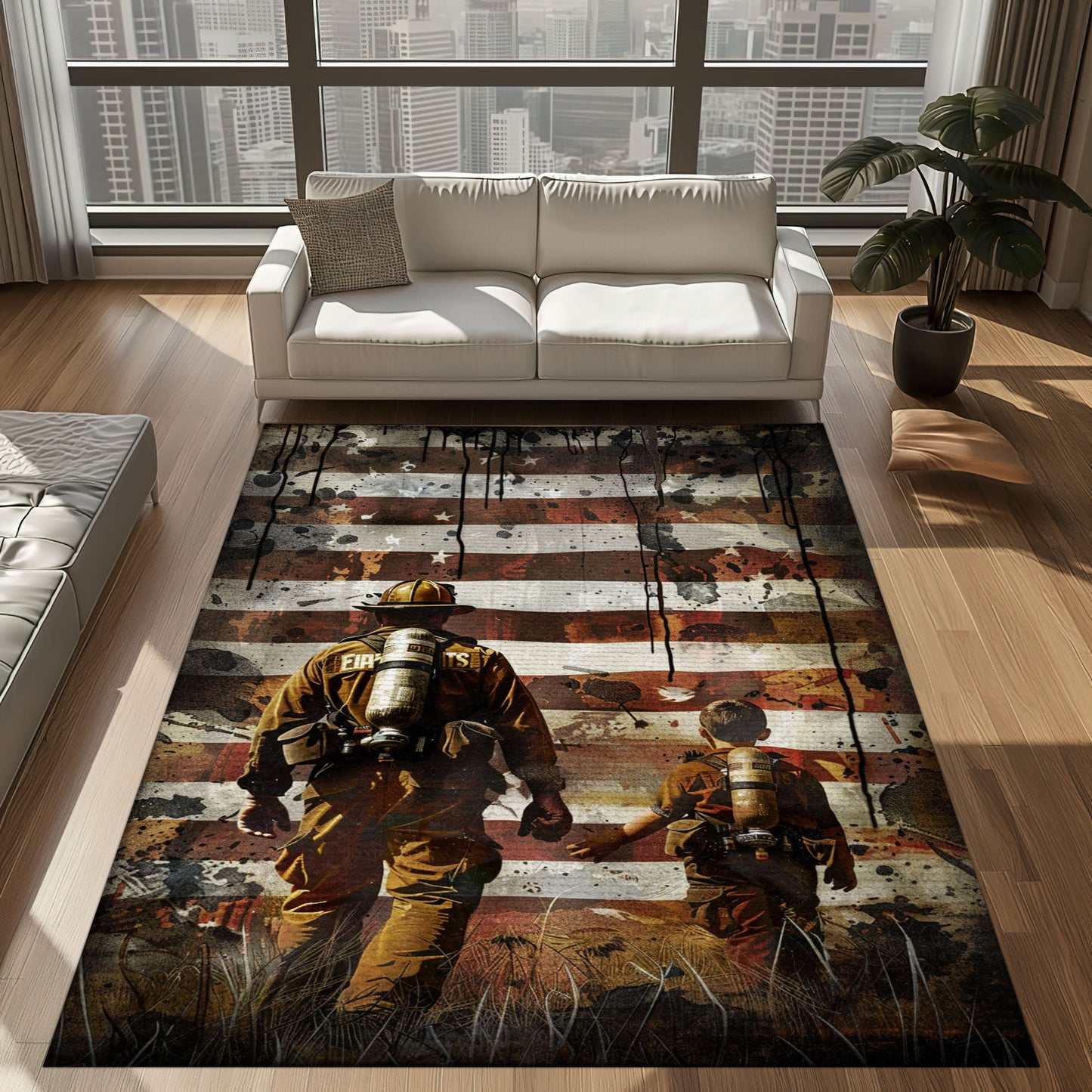 Bold Fire Truck in Front of the USA Flag Area Rug: Show Support for First Responders and Nation, Firefighter Rugs for Living Room Bedroom, Firefighter Rectangular Rugs Full Size FR60