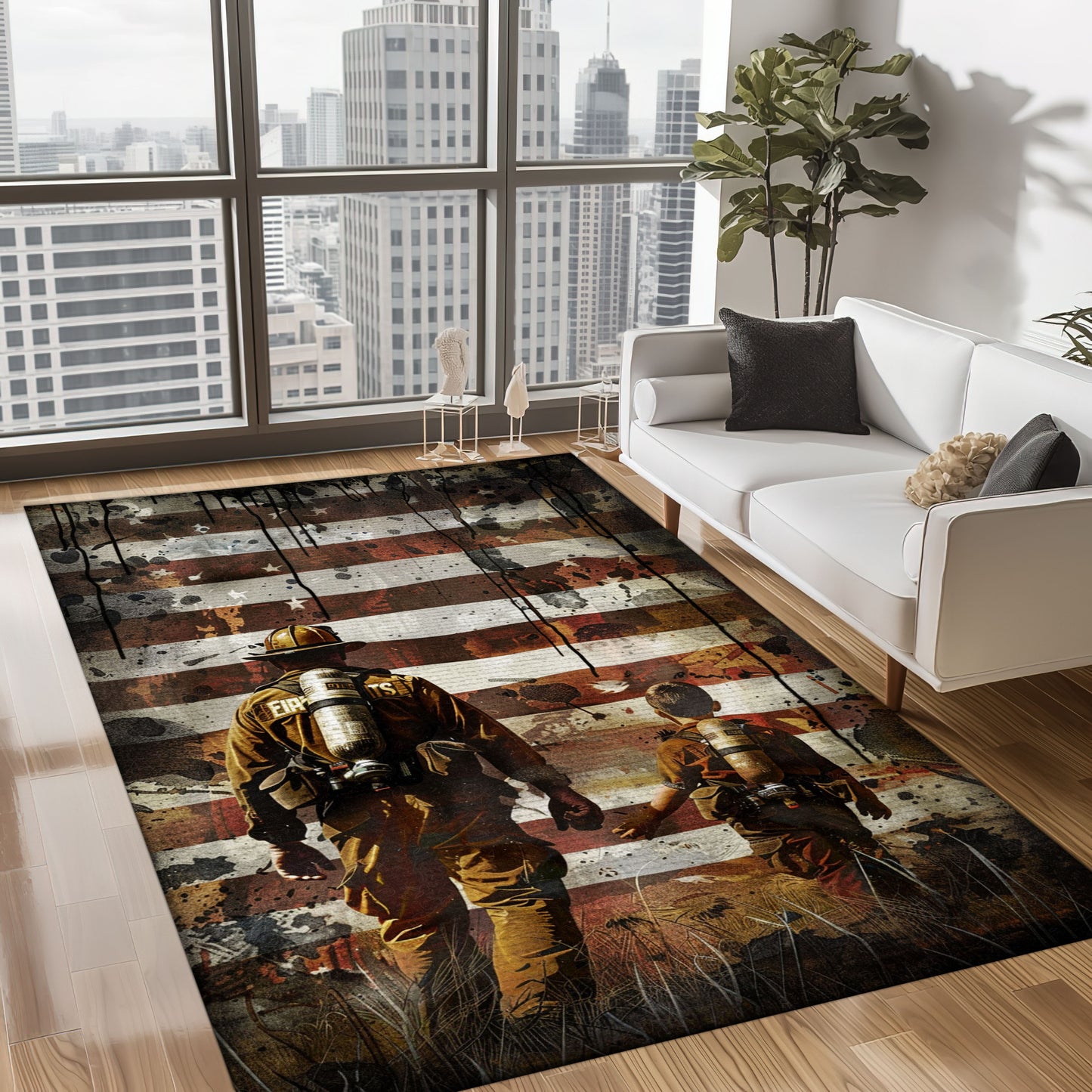 Bold Fire Truck in Front of the USA Flag Area Rug: Show Support for First Responders and Nation, Firefighter Rugs for Living Room Bedroom, Firefighter Rectangular Rugs Full Size FR60