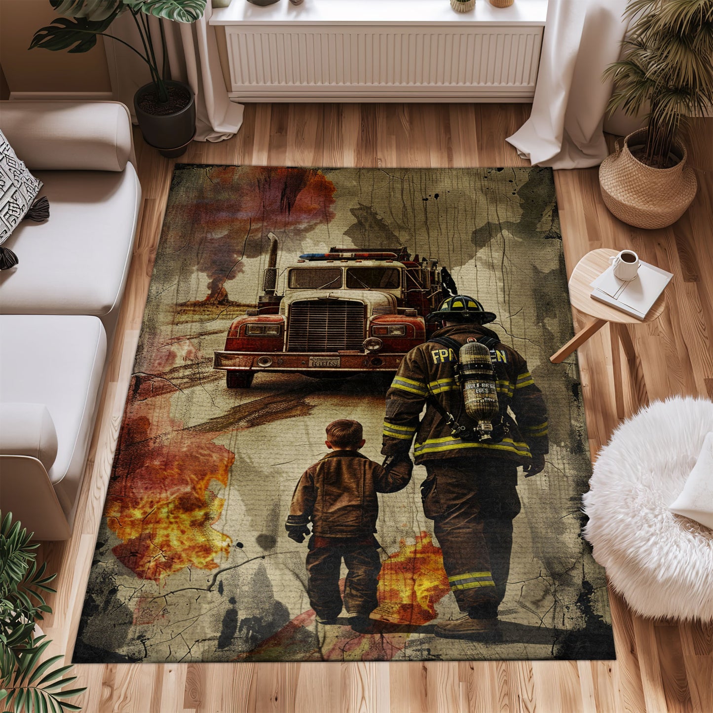 Bold Fire Truck in Front of the USA Flag Area Rug: Show Support for First Responders and Nation, Firefighter Rugs for Living Room Bedroom, Firefighter Rectangular Rugs Full Size FR60