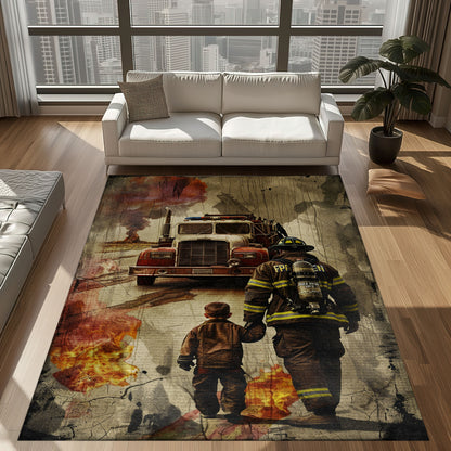 Bold Fire Truck in Front of the USA Flag Area Rug: Show Support for First Responders and Nation, Firefighter Rugs for Living Room Bedroom, Firefighter Rectangular Rugs Full Size FR60