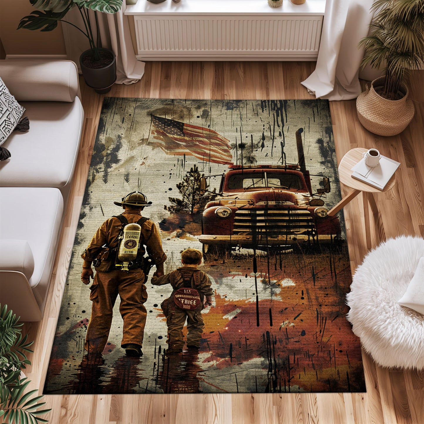 Bold Fire Truck in Front of the USA Flag Area Rug: Show Support for First Responders and Nation, Firefighter Rugs for Living Room Bedroom, Firefighter Rectangular Rugs Full Size FR60