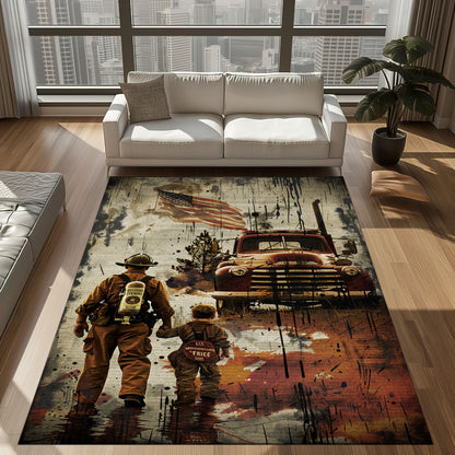 Bold Fire Truck in Front of the USA Flag Area Rug: Show Support for First Responders and Nation, Firefighter Rugs for Living Room Bedroom, Firefighter Rectangular Rugs Full Size FR60