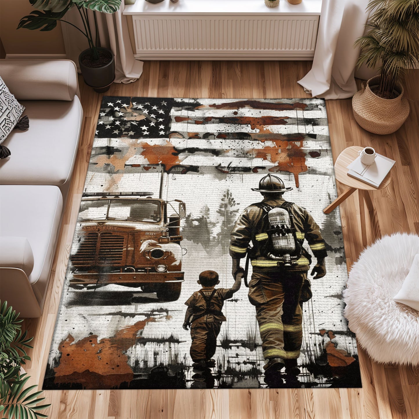 Bold Fire Truck in Front of the USA Flag Area Rug: Show Support for First Responders and Nation, Firefighter Rugs for Living Room Bedroom, Firefighter Rectangular Rugs Full Size FR60