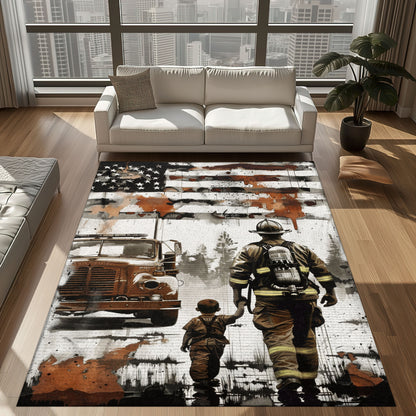 Bold Fire Truck in Front of the USA Flag Area Rug: Show Support for First Responders and Nation, Firefighter Rugs for Living Room Bedroom, Firefighter Rectangular Rugs Full Size FR60