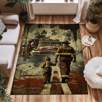 Bold Fire Truck in Front of the USA Flag Area Rug: Show Support for First Responders and Nation, Firefighter Rugs for Living Room Bedroom, Firefighter Rectangular Rugs Full Size FR60