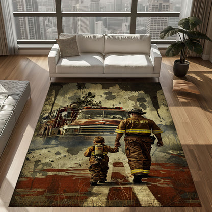 Bold Fire Truck in Front of the USA Flag Area Rug: Show Support for First Responders and Nation, Firefighter Rugs for Living Room Bedroom, Firefighter Rectangular Rugs Full Size FR60