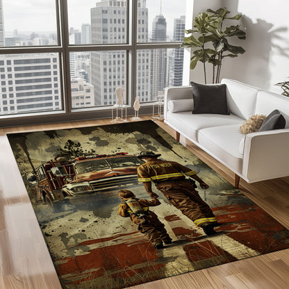 Celebrating Bravery: Dad Fire Fighter and Son Firefighter Personalized Area Floorings, Firefighter Rugs for Living Room Bedroom, Firefighter Rectangular Rugs Full Size FR100