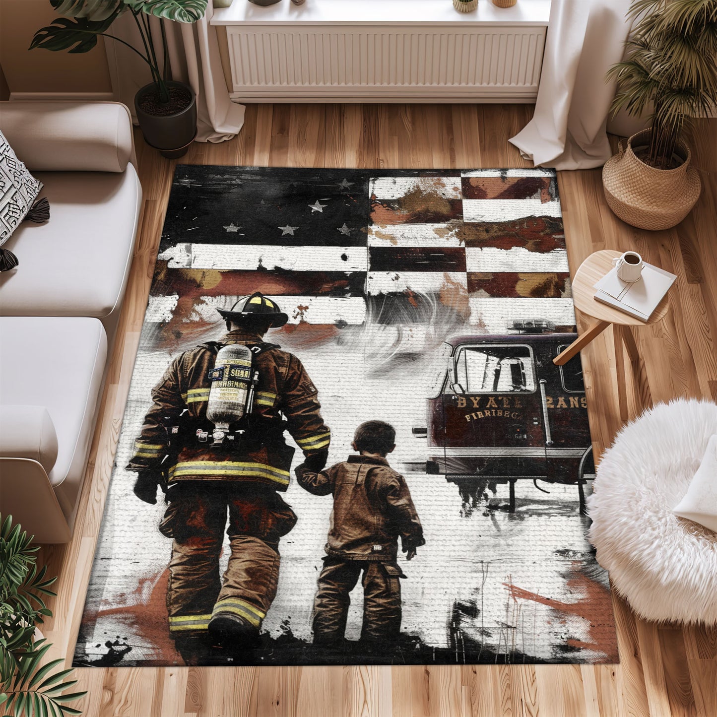 Bold Fire Truck in Front of the USA Flag Area Rug: Show Support for First Responders and Nation, Firefighter Rugs for Living Room Bedroom, Firefighter Rectangular Rugs Full Size FR60