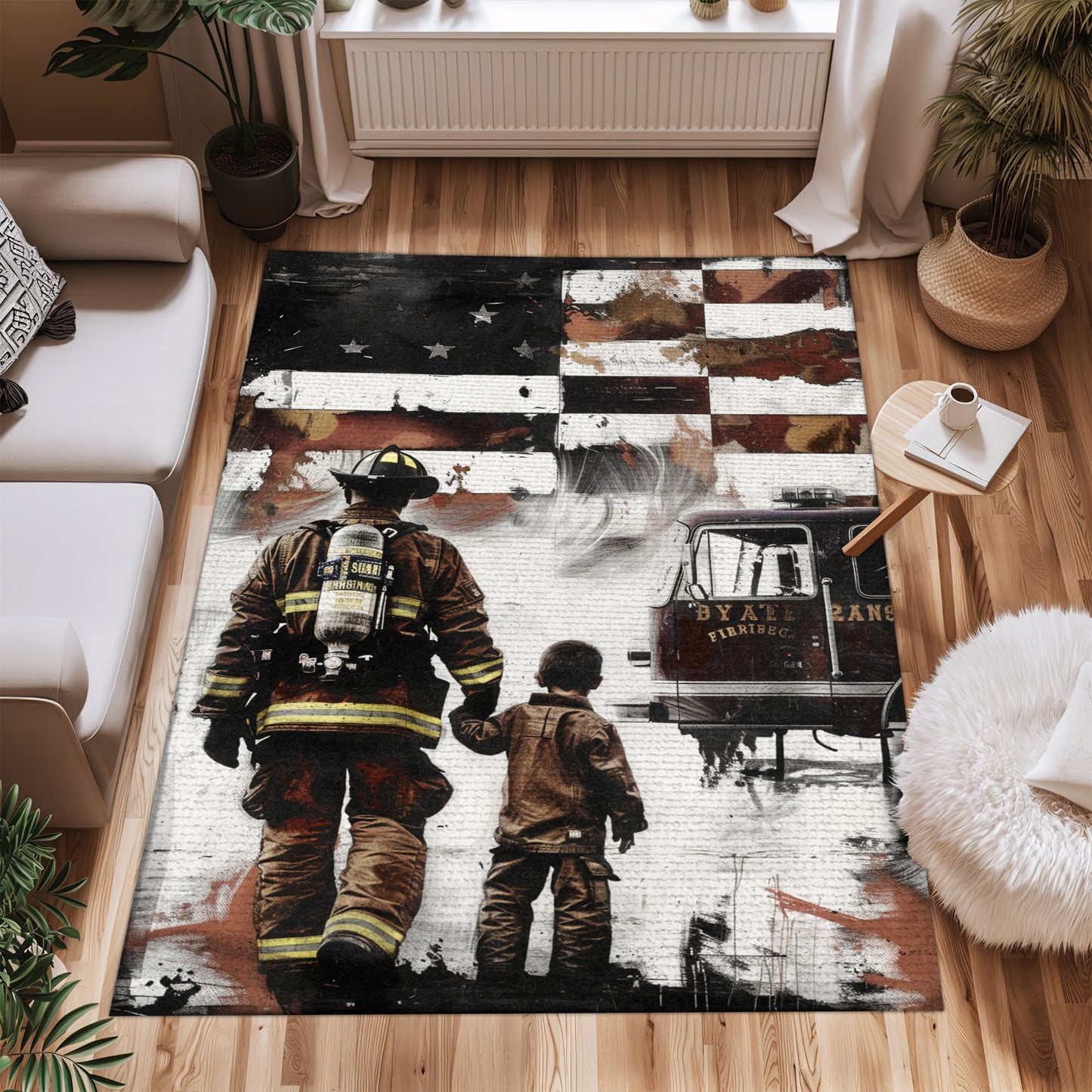 Symbol of Valor: Dad Fire Fighter and Son Firefighter Personalized Home Rugs, Firefighter Rugs for Living Room Bedroom, Firefighter Rectangular Rugs Full Size FR99