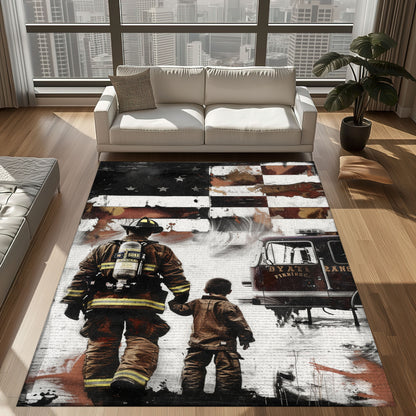 Bold Fire Truck in Front of the USA Flag Area Rug: Show Support for First Responders and Nation, Firefighter Rugs for Living Room Bedroom, Firefighter Rectangular Rugs Full Size FR60