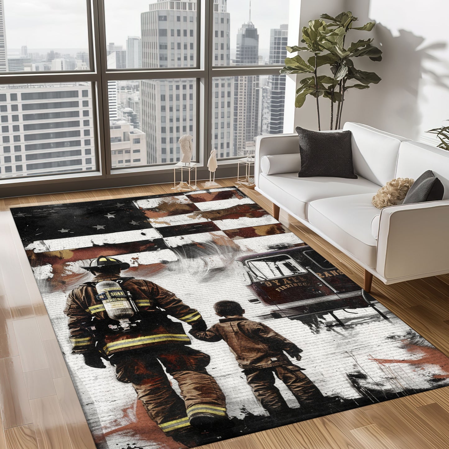 Bold Fire Truck in Front of the USA Flag Area Rug: Show Support for First Responders and Nation, Firefighter Rugs for Living Room Bedroom, Firefighter Rectangular Rugs Full Size FR60