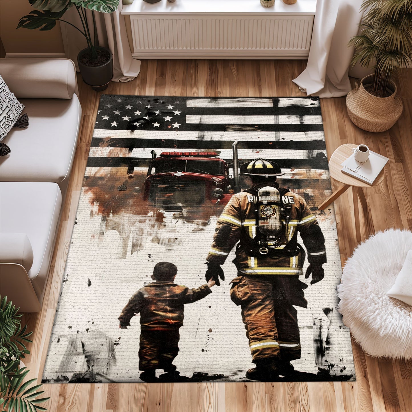 Bold Fire Truck in Front of the USA Flag Area Rug: Show Support for First Responders and Nation, Firefighter Rugs for Living Room Bedroom, Firefighter Rectangular Rugs Full Size FR60