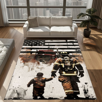 Bold Fire Truck in Front of the USA Flag Area Rug: Show Support for First Responders and Nation, Firefighter Rugs for Living Room Bedroom, Firefighter Rectangular Rugs Full Size FR60