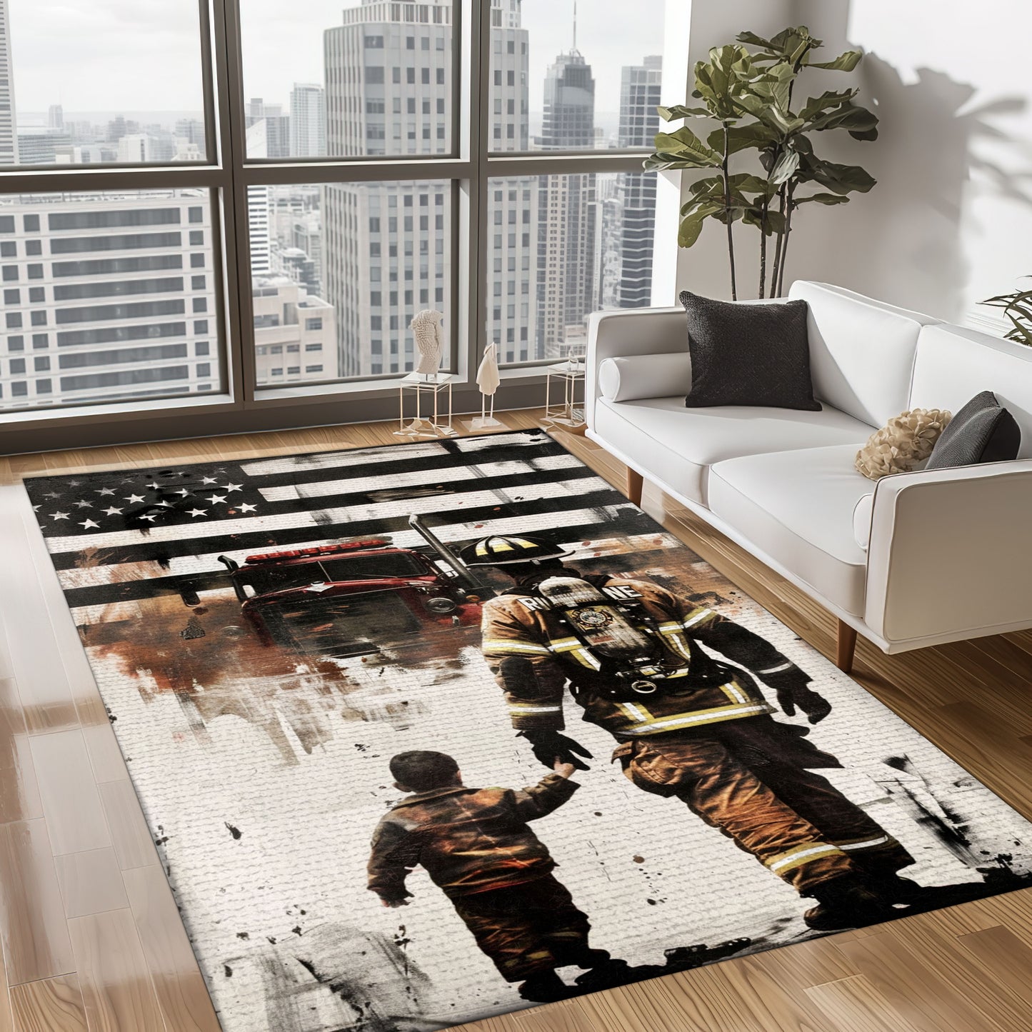 Bold Fire Truck in Front of the USA Flag Area Rug: Show Support for First Responders and Nation, Firefighter Rugs for Living Room Bedroom, Firefighter Rectangular Rugs Full Size FR60