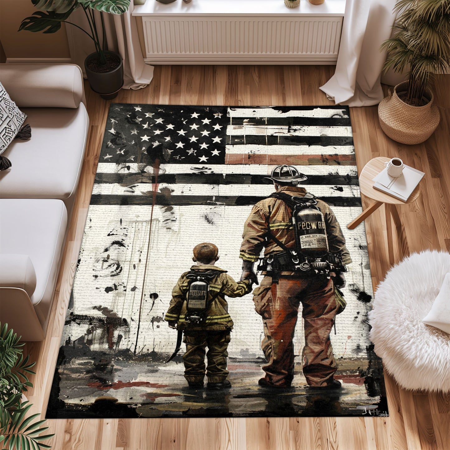 Bold Fire Truck in Front of the USA Flag Area Rug: Show Support for First Responders and Nation, Firefighter Rugs for Living Room Bedroom, Firefighter Rectangular Rugs Full Size FR60