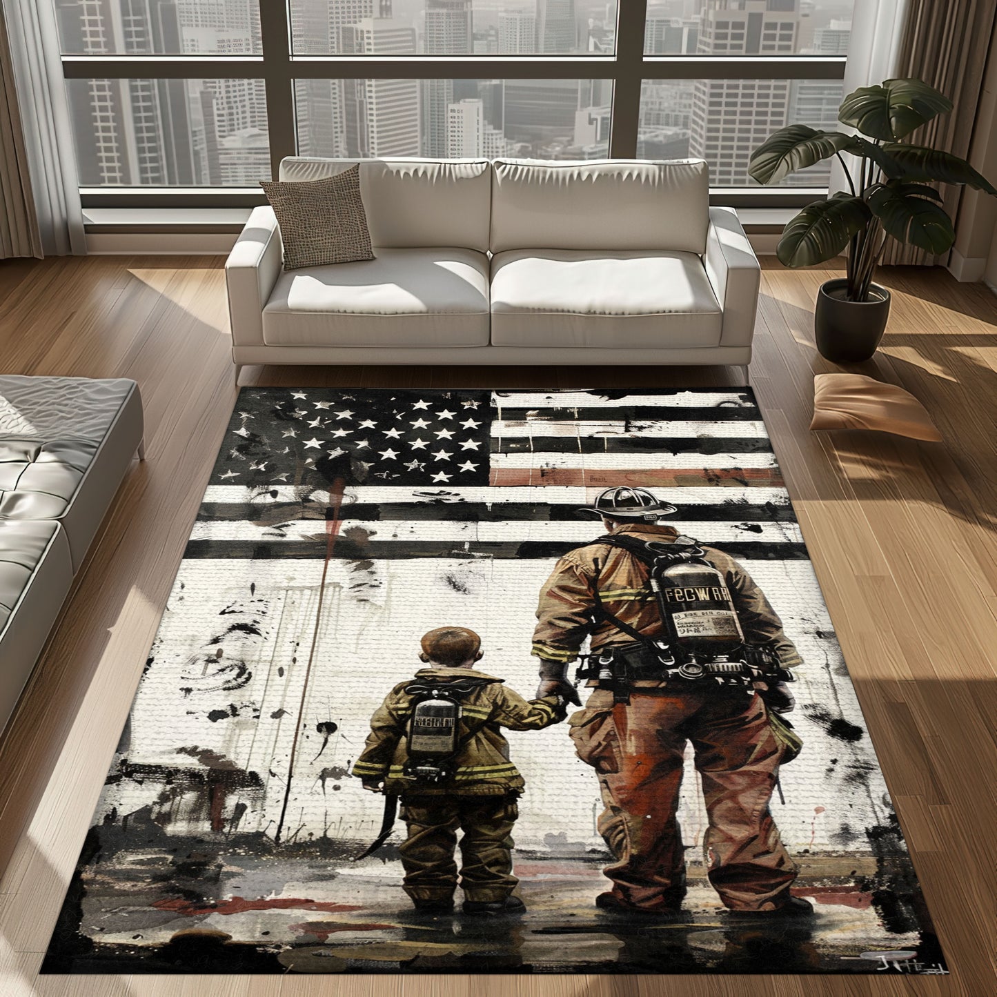 Bold Fire Truck in Front of the USA Flag Area Rug: Show Support for First Responders and Nation, Firefighter Rugs for Living Room Bedroom, Firefighter Rectangular Rugs Full Size FR60