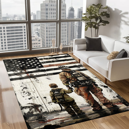 Bold Fire Truck in Front of the USA Flag Area Rug: Show Support for First Responders and Nation, Firefighter Rugs for Living Room Bedroom, Firefighter Rectangular Rugs Full Size FR60