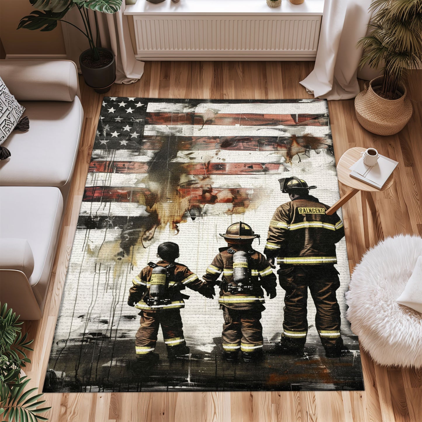 Bold Fire Truck in Front of the USA Flag Area Rug: Show Support for First Responders and Nation, Firefighter Rugs for Living Room Bedroom, Firefighter Rectangular Rugs Full Size FR60