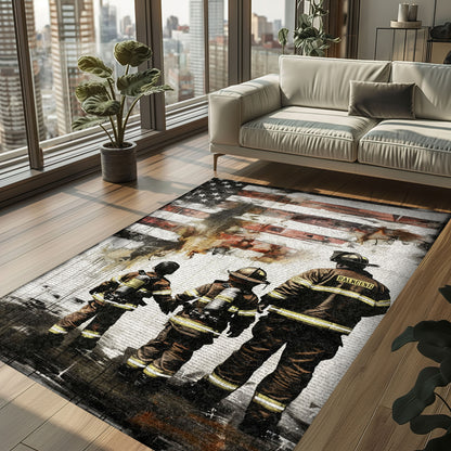 Bold Fire Truck in Front of the USA Flag Area Rug: Show Support for First Responders and Nation, Firefighter Rugs for Living Room Bedroom, Firefighter Rectangular Rugs Full Size FR60