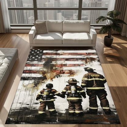 Bold Fire Truck in Front of the USA Flag Area Rug: Show Support for First Responders and Nation, Firefighter Rugs for Living Room Bedroom, Firefighter Rectangular Rugs Full Size FR60