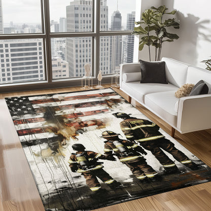 Bold Fire Truck in Front of the USA Flag Area Rug: Show Support for First Responders and Nation, Firefighter Rugs for Living Room Bedroom, Firefighter Rectangular Rugs Full Size FR60