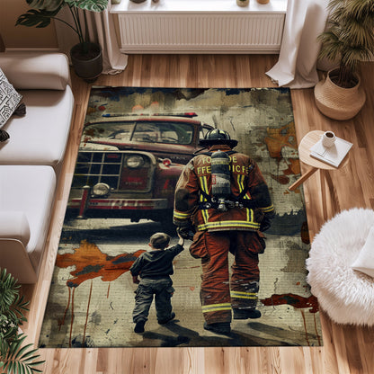 Bold Fire Truck in Front of the USA Flag Area Rug: Show Support for First Responders and Nation, Firefighter Rugs for Living Room Bedroom, Firefighter Rectangular Rugs Full Size FR60