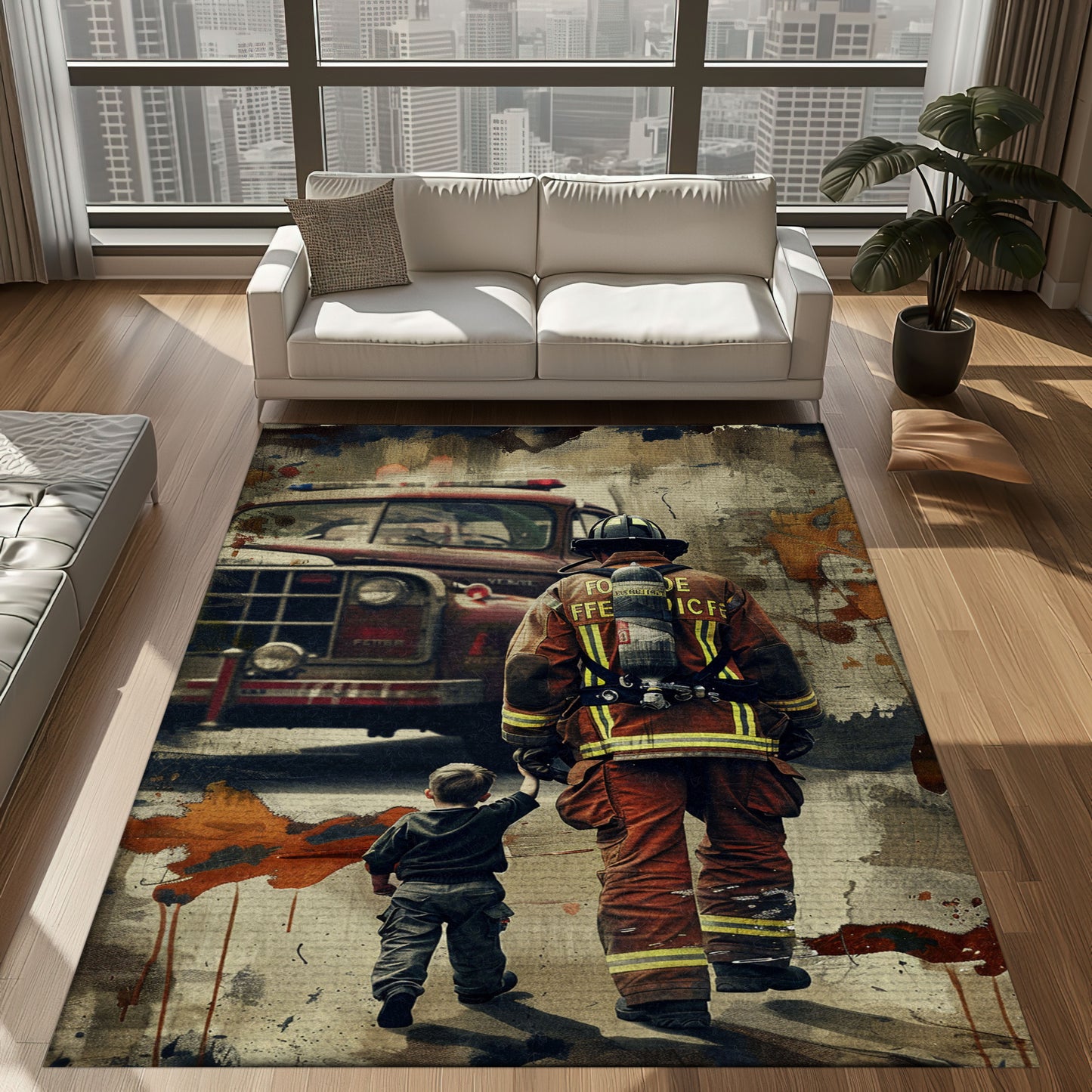 Bold Fire Truck in Front of the USA Flag Area Rug: Show Support for First Responders and Nation, Firefighter Rugs for Living Room Bedroom, Firefighter Rectangular Rugs Full Size FR60