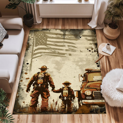 Bold Fire Truck in Front of the USA Flag Area Rug: Show Support for First Responders and Nation, Firefighter Rugs for Living Room Bedroom, Firefighter Rectangular Rugs Full Size FR60