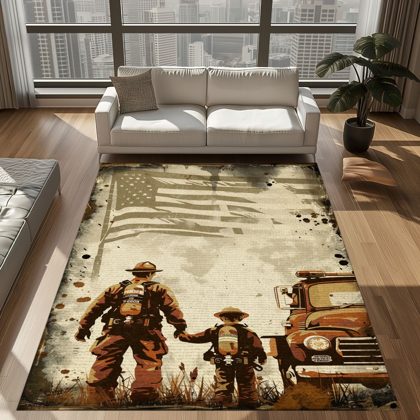 Bold Fire Truck in Front of the USA Flag Area Rug: Show Support for First Responders and Nation, Firefighter Rugs for Living Room Bedroom, Firefighter Rectangular Rugs Full Size FR60