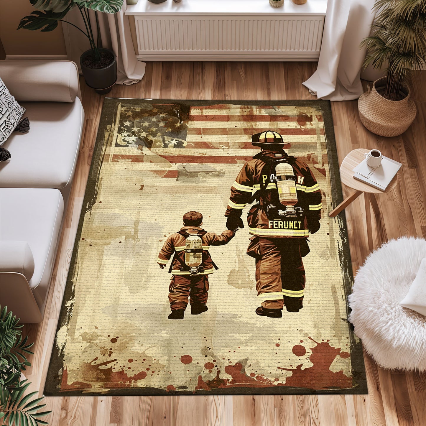 Bold Fire Truck in Front of the USA Flag Area Rug: Show Support for First Responders and Nation, Firefighter Rugs for Living Room Bedroom, Firefighter Rectangular Rugs Full Size FR60