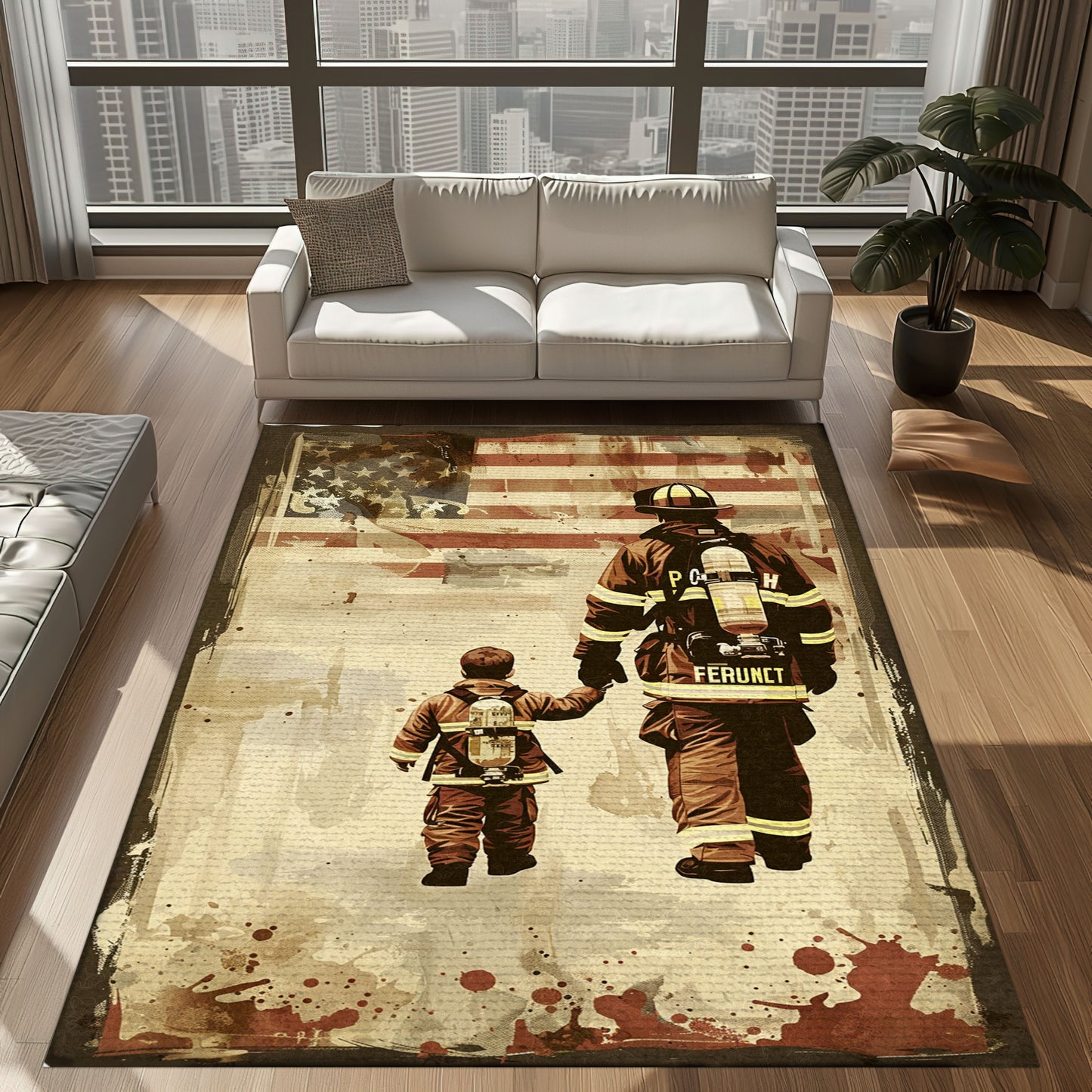 Bold Fire Truck in Front of the USA Flag Area Rug: Show Support for First Responders and Nation, Firefighter Rugs for Living Room Bedroom, Firefighter Rectangular Rugs Full Size FR60