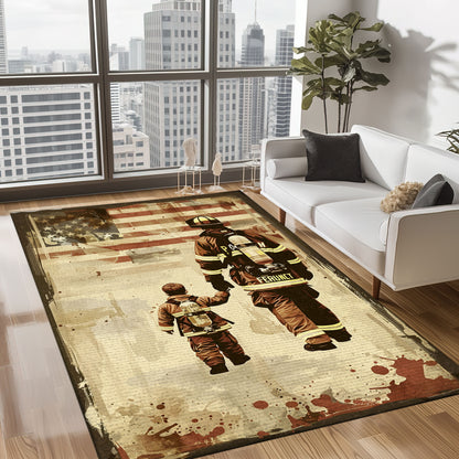 Resilient Spirit: Dad Fire Fighter and Son Firefighter Rectangular Personalized Carpets, Firefighter Rugs for Living Room Bedroom, Firefighter Rectangular Rugs Full Size FR93
