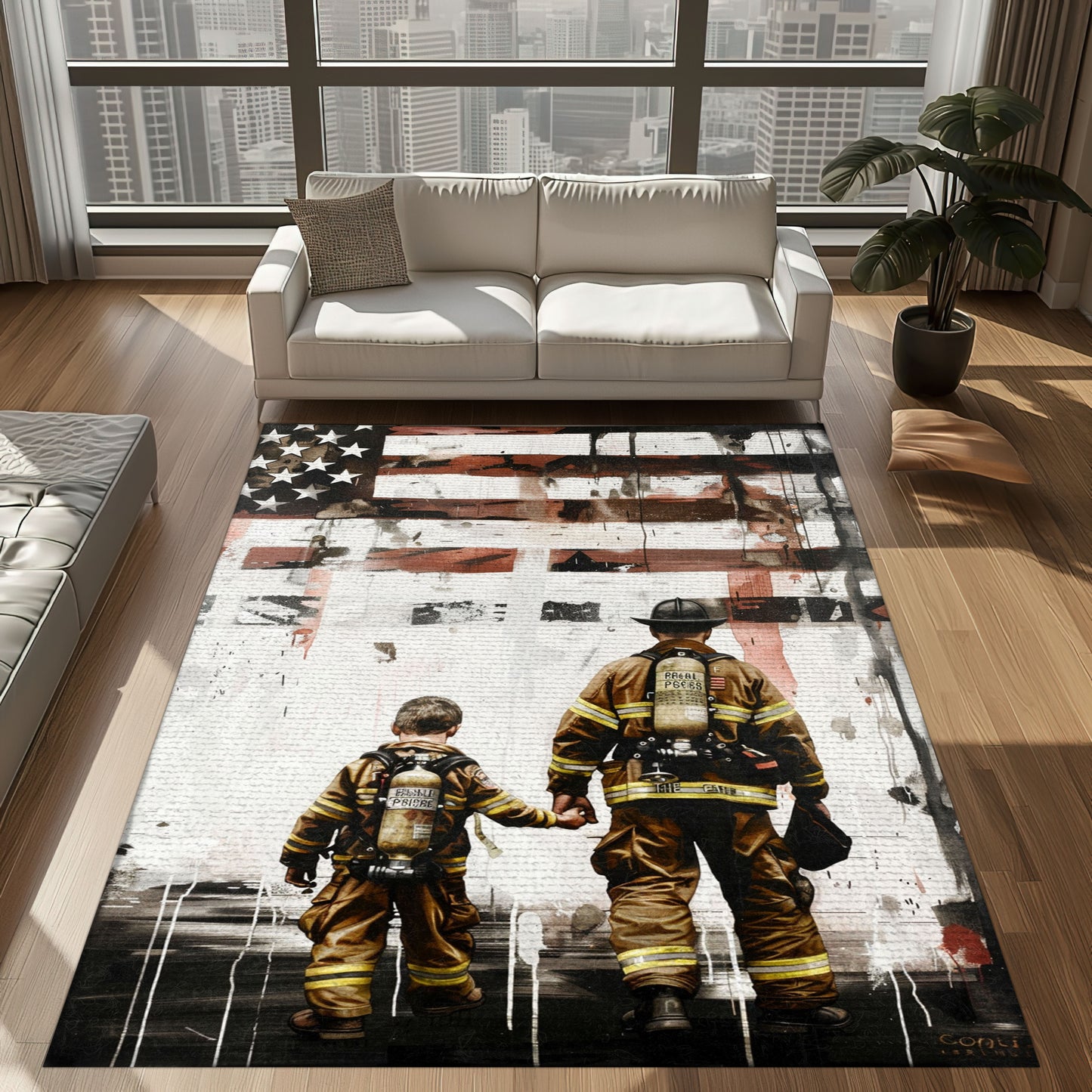 Bold Fire Truck in Front of the USA Flag Area Rug: Show Support for First Responders and Nation, Firefighter Rugs for Living Room Bedroom, Firefighter Rectangular Rugs Full Size FR60