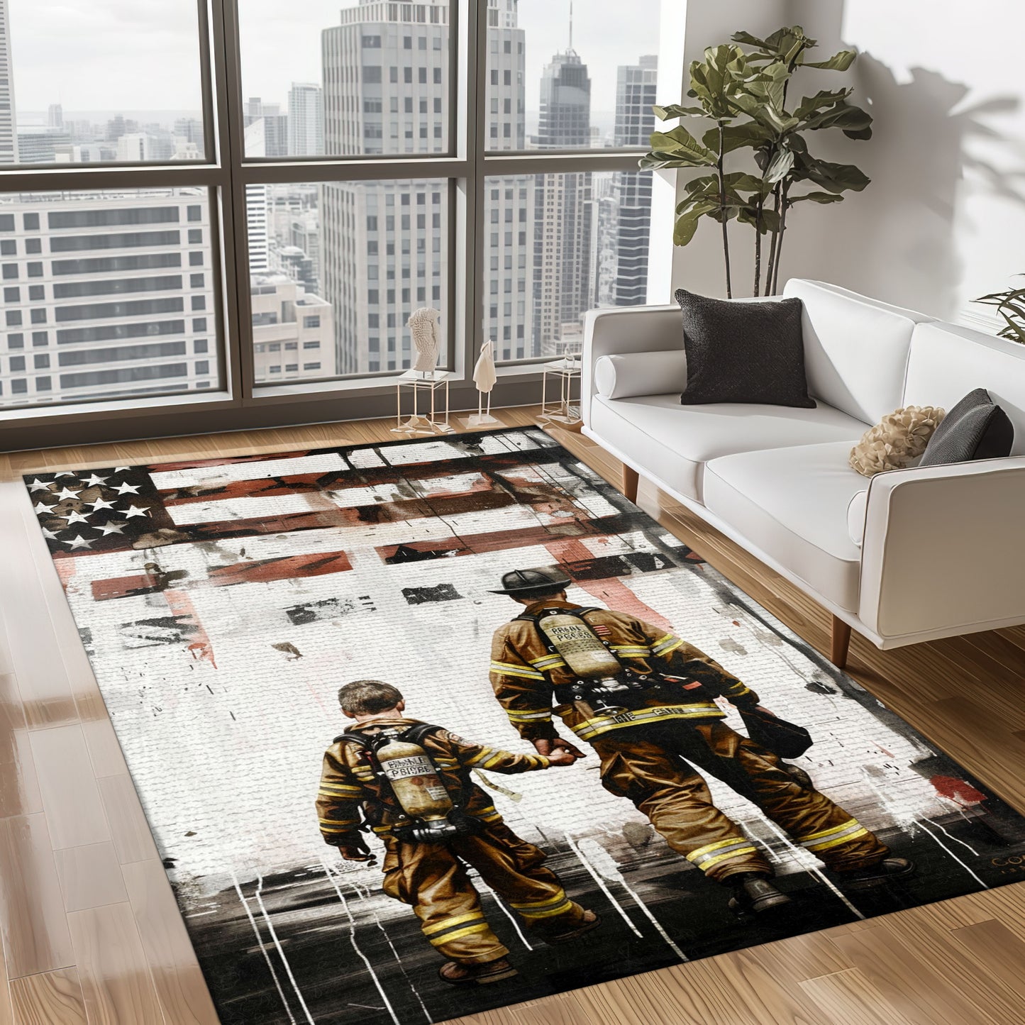 Bold Fire Truck in Front of the USA Flag Area Rug: Show Support for First Responders and Nation, Firefighter Rugs for Living Room Bedroom, Firefighter Rectangular Rugs Full Size FR60