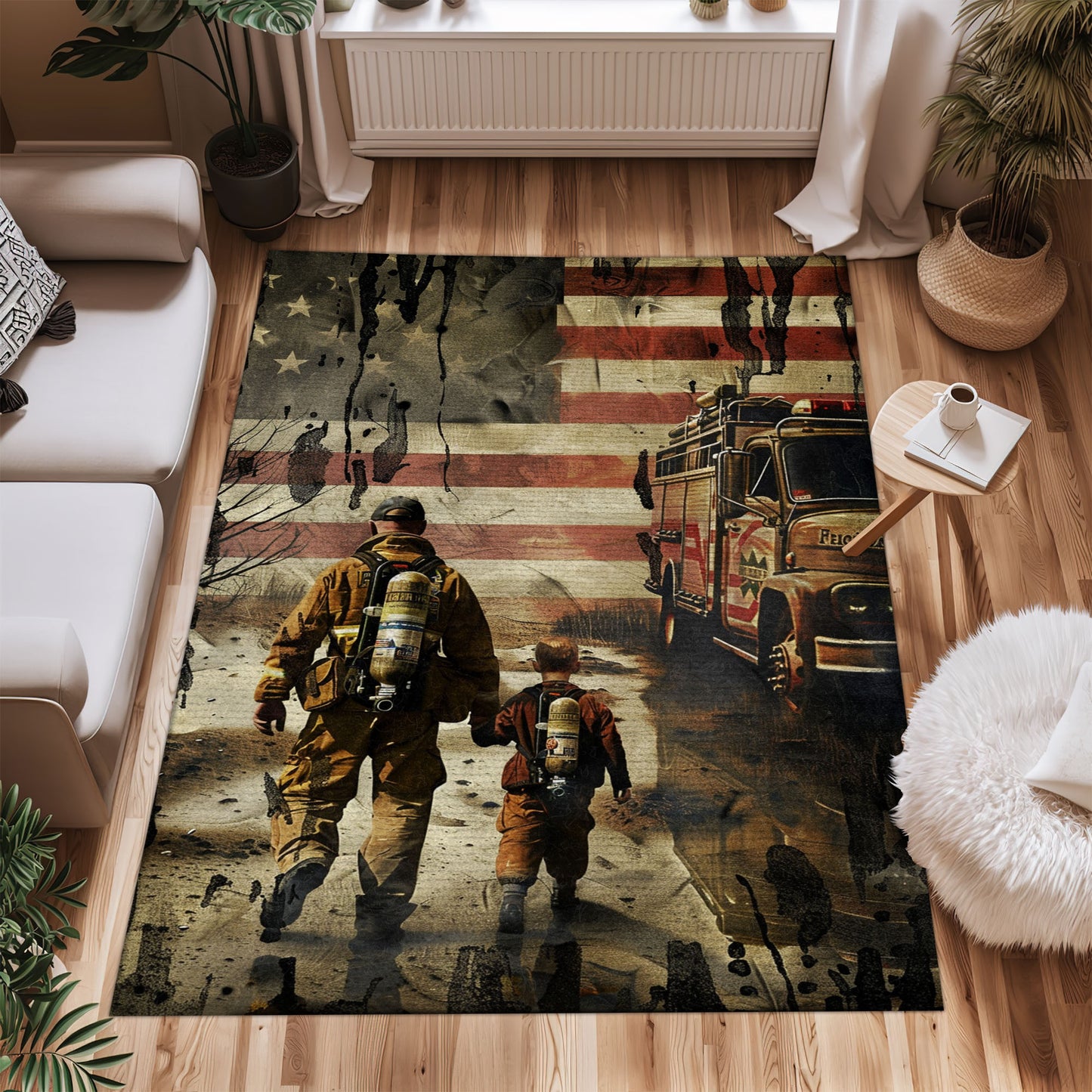 Bold Fire Truck in Front of the USA Flag Area Rug: Show Support for First Responders and Nation, Firefighter Rugs for Living Room Bedroom, Firefighter Rectangular Rugs Full Size FR60