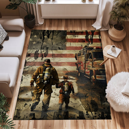 Bold Fire Truck in Front of the USA Flag Area Rug: Show Support for First Responders and Nation, Firefighter Rugs for Living Room Bedroom, Firefighter Rectangular Rugs Full Size FR60