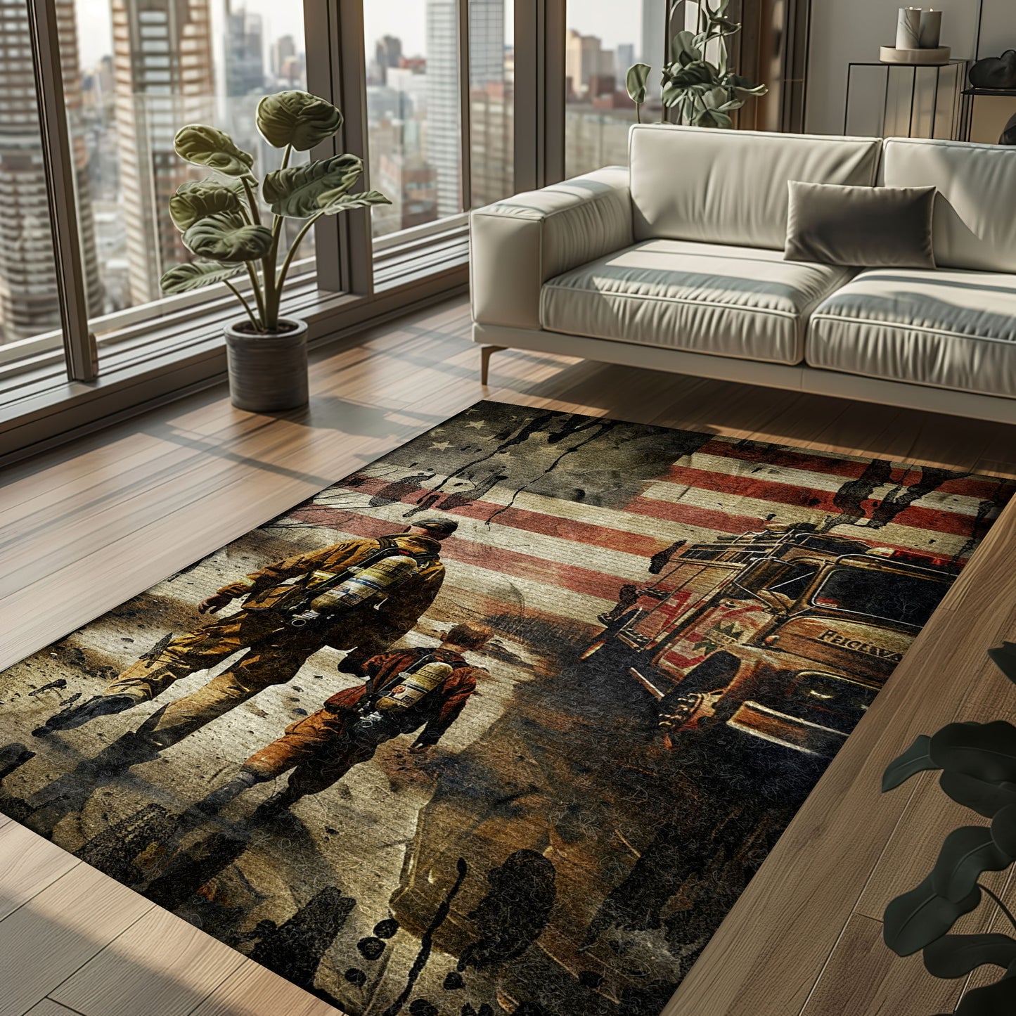 Bold Fire Truck in Front of the USA Flag Area Rug: Show Support for First Responders and Nation, Firefighter Rugs for Living Room Bedroom, Firefighter Rectangular Rugs Full Size FR60