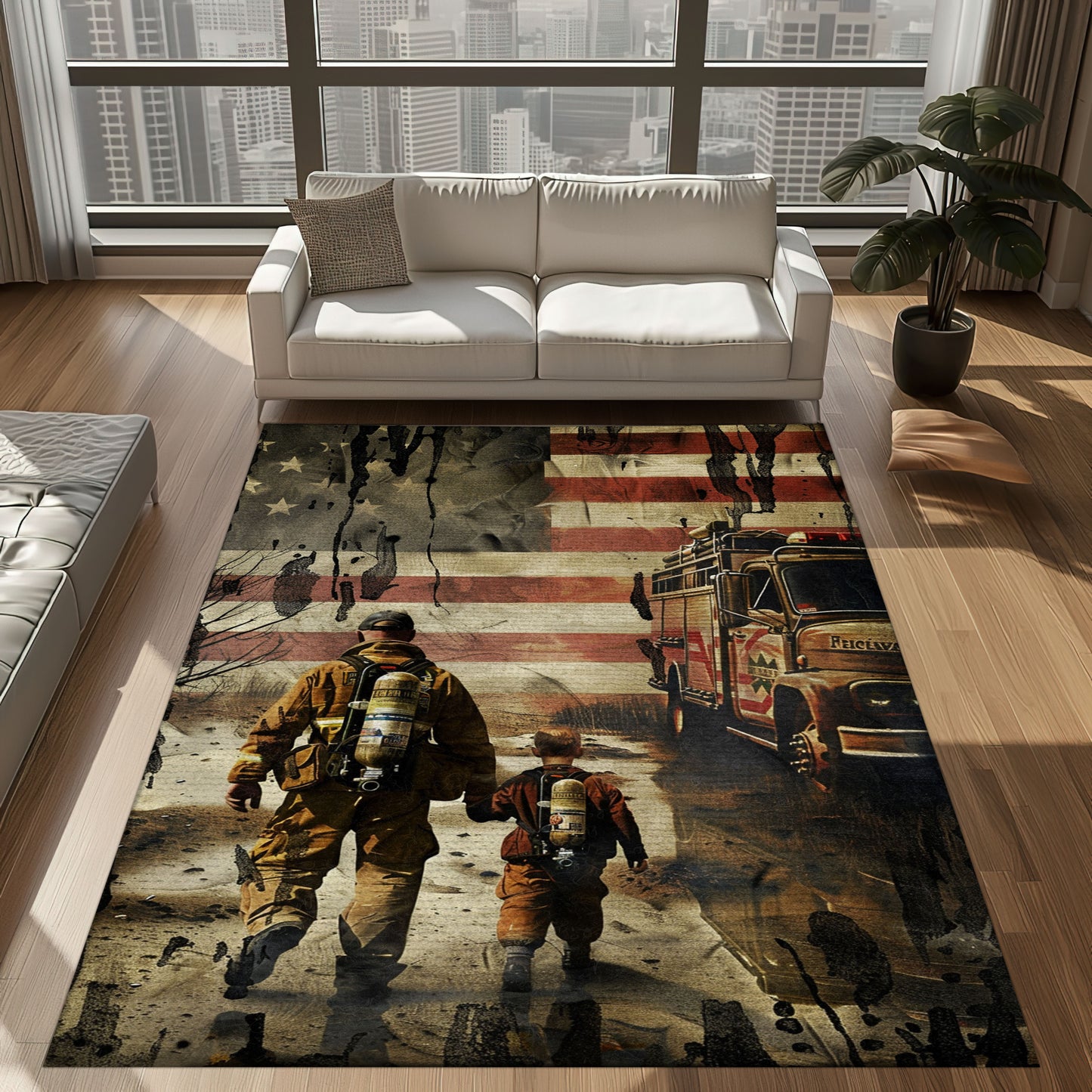 Bold Fire Truck in Front of the USA Flag Area Rug: Show Support for First Responders and Nation, Firefighter Rugs for Living Room Bedroom, Firefighter Rectangular Rugs Full Size FR60