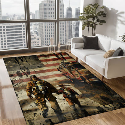 Bold Fire Truck in Front of the USA Flag Area Rug: Show Support for First Responders and Nation, Firefighter Rugs for Living Room Bedroom, Firefighter Rectangular Rugs Full Size FR60