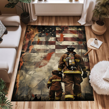 Bold Fire Truck in Front of the USA Flag Area Rug: Show Support for First Responders and Nation, Firefighter Rugs for Living Room Bedroom, Firefighter Rectangular Rugs Full Size FR60