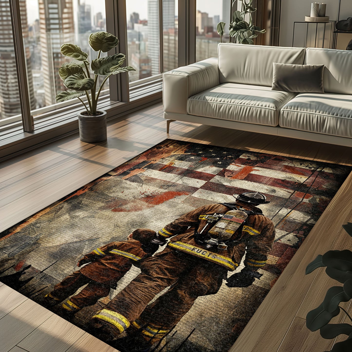 Bold Fire Truck in Front of the USA Flag Area Rug: Show Support for First Responders and Nation, Firefighter Rugs for Living Room Bedroom, Firefighter Rectangular Rugs Full Size FR60