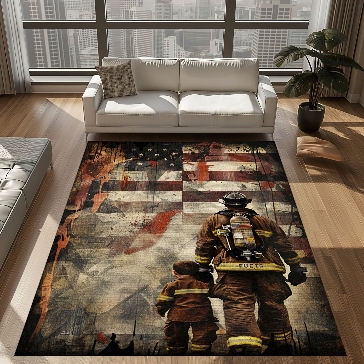 Bold Fire Truck in Front of the USA Flag Area Rug: Show Support for First Responders and Nation, Firefighter Rugs for Living Room Bedroom, Firefighter Rectangular Rugs Full Size FR60