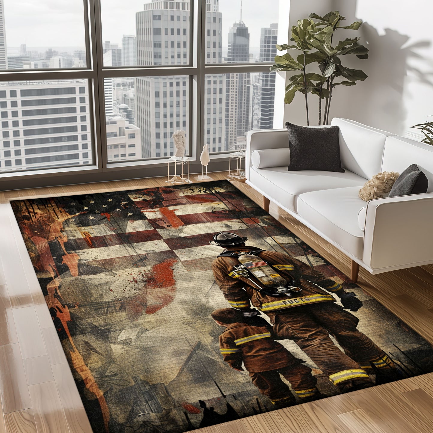 Bold Fire Truck in Front of the USA Flag Area Rug: Show Support for First Responders and Nation, Firefighter Rugs for Living Room Bedroom, Firefighter Rectangular Rugs Full Size FR60