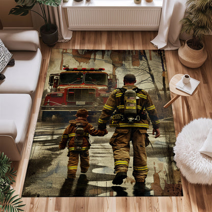 Bold Fire Truck in Front of the USA Flag Area Rug: Show Support for First Responders and Nation, Firefighter Rugs for Living Room Bedroom, Firefighter Rectangular Rugs Full Size FR60