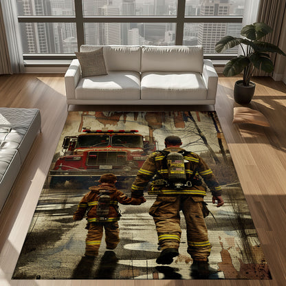 Bold Fire Truck in Front of the USA Flag Area Rug: Show Support for First Responders and Nation, Firefighter Rugs for Living Room Bedroom, Firefighter Rectangular Rugs Full Size FR60