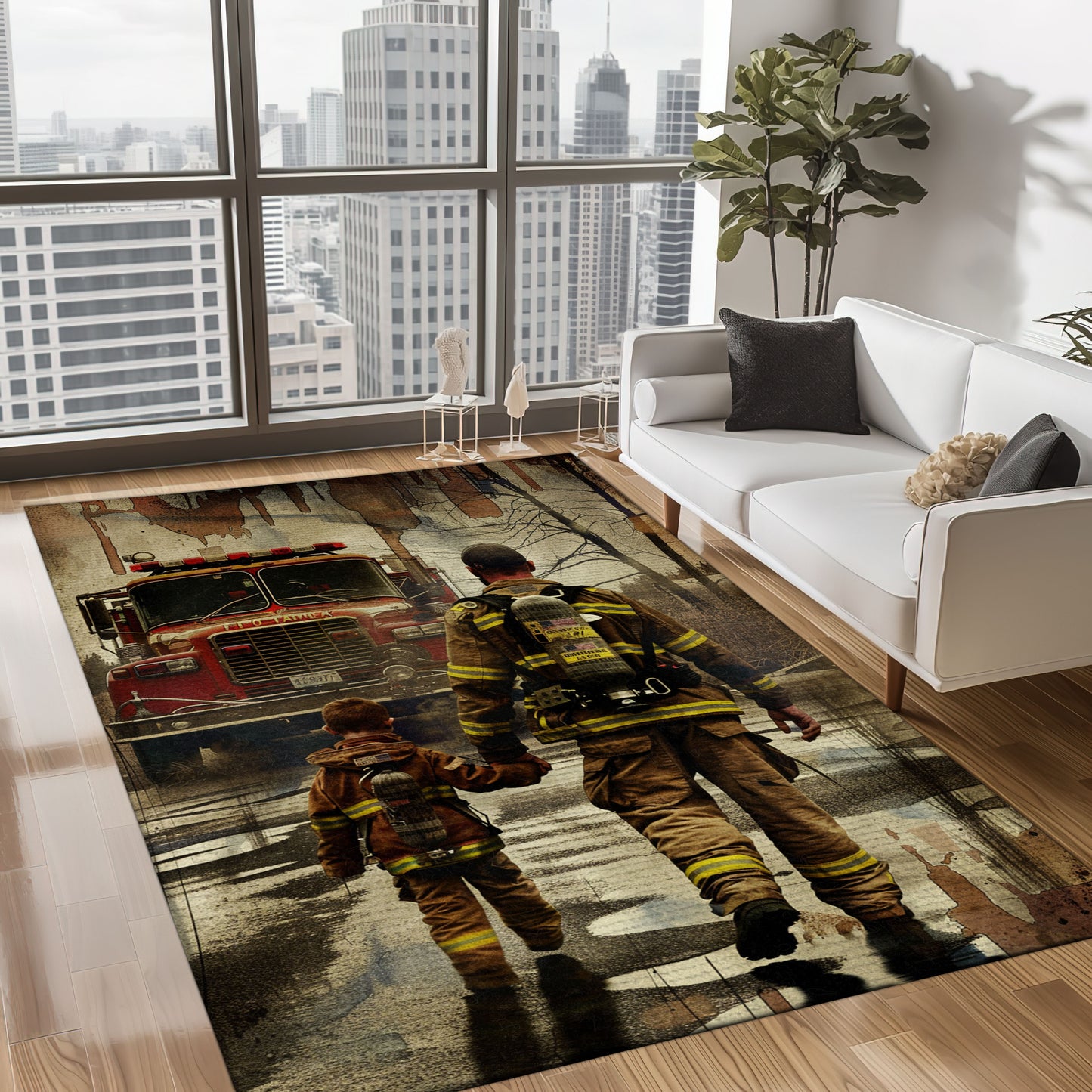 Bold Fire Truck in Front of the USA Flag Area Rug: Show Support for First Responders and Nation, Firefighter Rugs for Living Room Bedroom, Firefighter Rectangular Rugs Full Size FR60