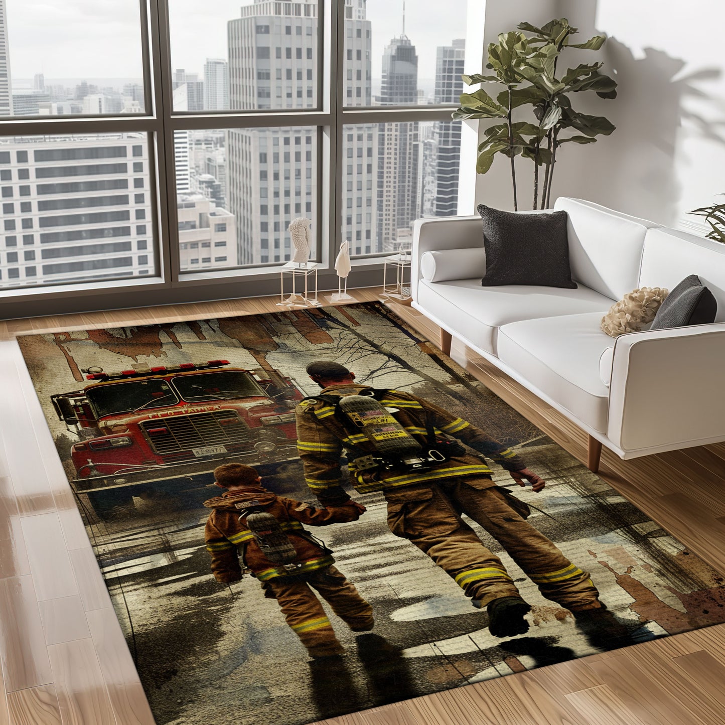 Commemorative Touch: Dad Fire Fighter and Son Firefighter Inspired Personalized Rugs, Firefighter Rugs for Living Room Bedroom, Firefighter Rectangular Rugs Full Size FR89